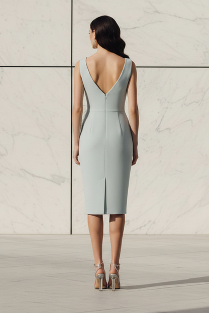 Asymmetrical Feather and 3D Flower Crepe Midi Dress