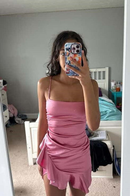 Satin Crisscross Back Ruched Mini Dress