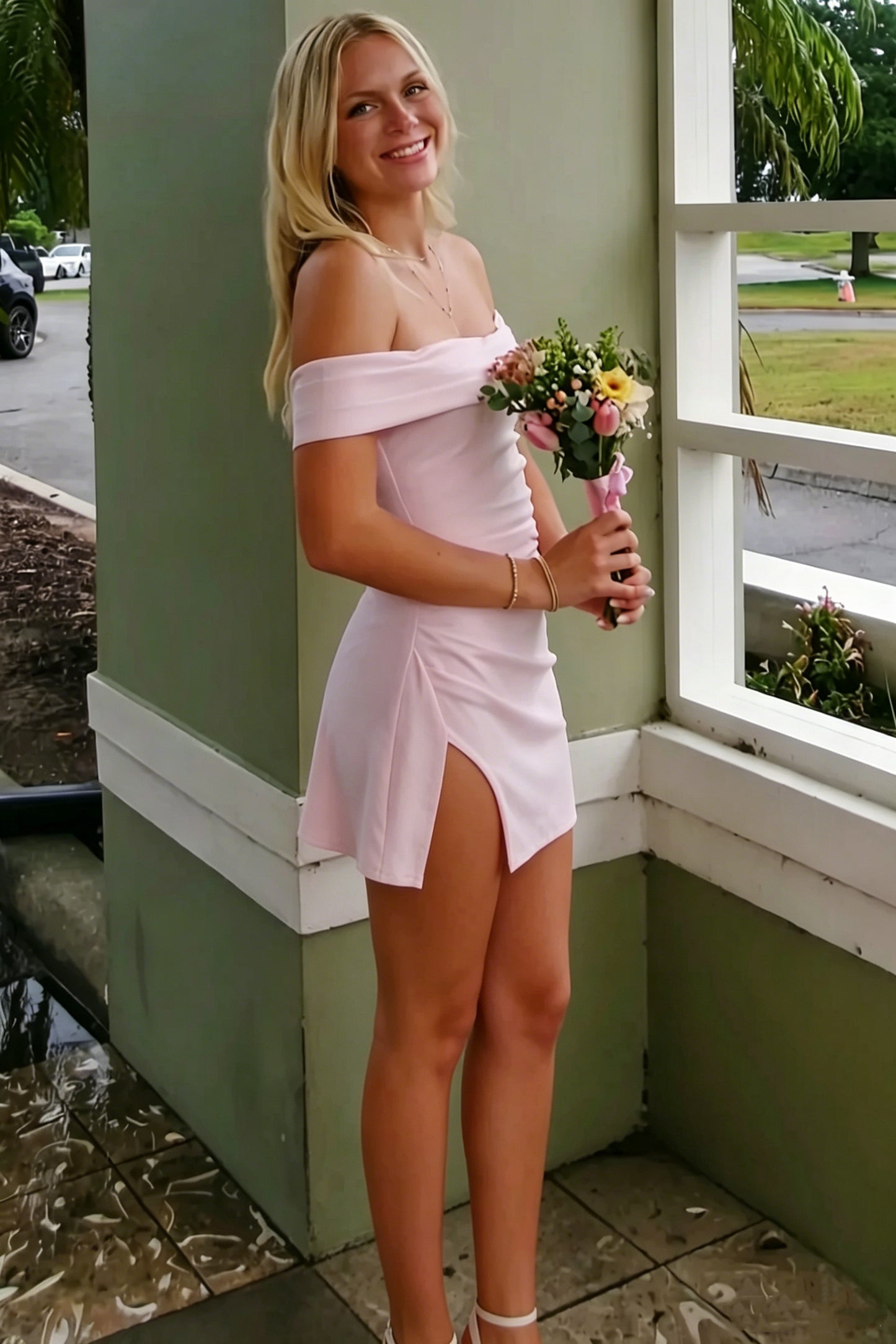 Off-the-Shoulder Mini Dress with Side Slit