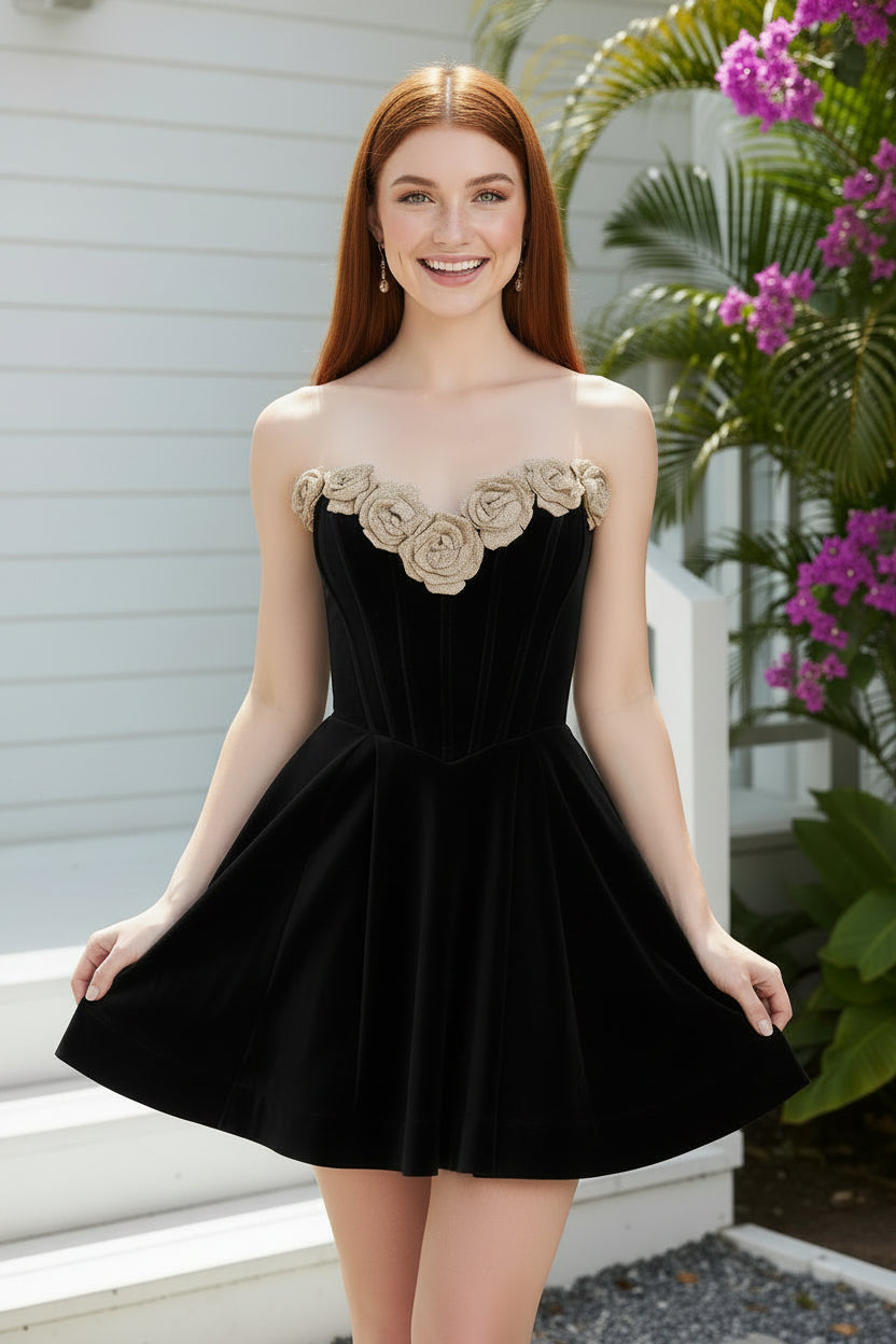 Strapless Velvet Corset Mini Dress with 3D Flowers