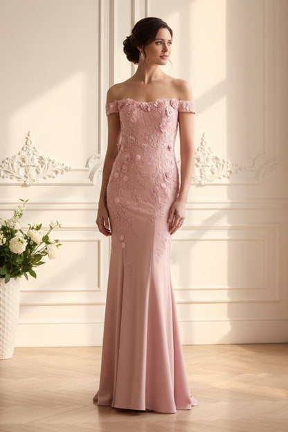 Off-Shoulder Floral Applique Evening Gown