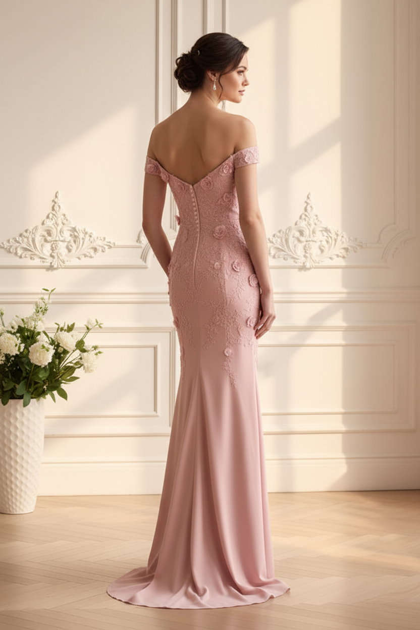 Off-Shoulder Floral Applique Evening Gown