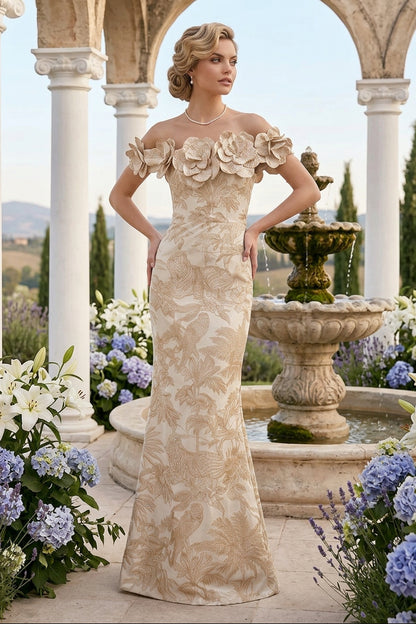 Off-the-Shoulder Floral Appliqué Jacquard Gown