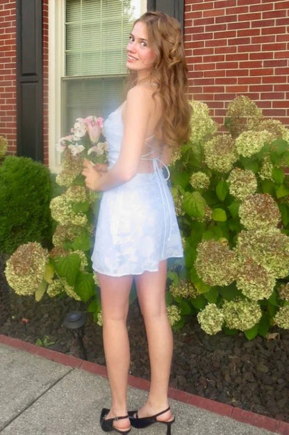 Floral Jacquard Lace-Up Back Mini Dress