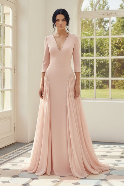 V-Neck Crepe Gown with Draped Chiffon Skirt