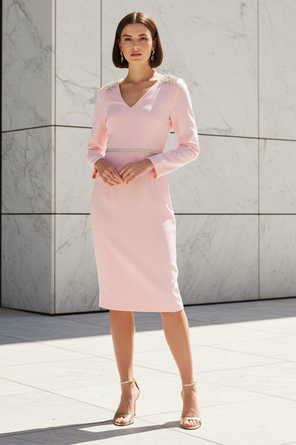 V-Neck Midi Dress with Cowl Back and Beaded Details