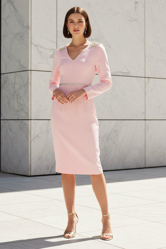 V-Neck Midi Dress with Cowl Back and Beaded Details