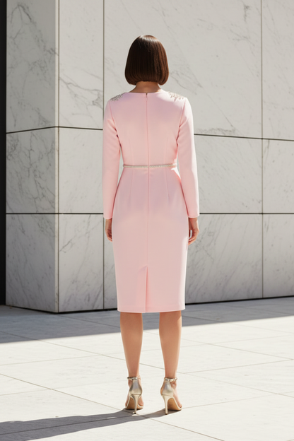 V-Neck Midi Dress with Cowl Back and Beaded Details