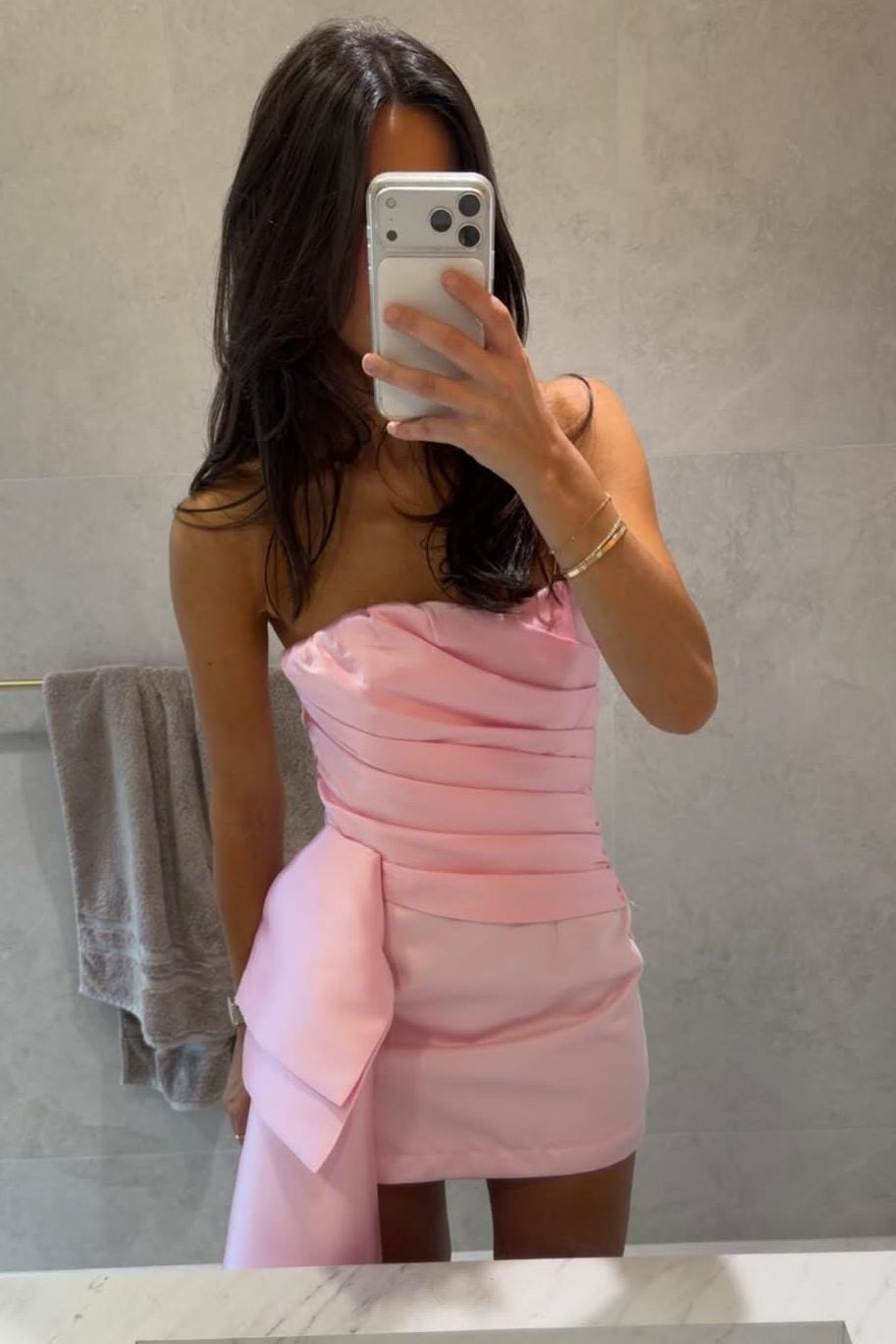 Strapless Ruched Satin Mini Dress with Side Drape