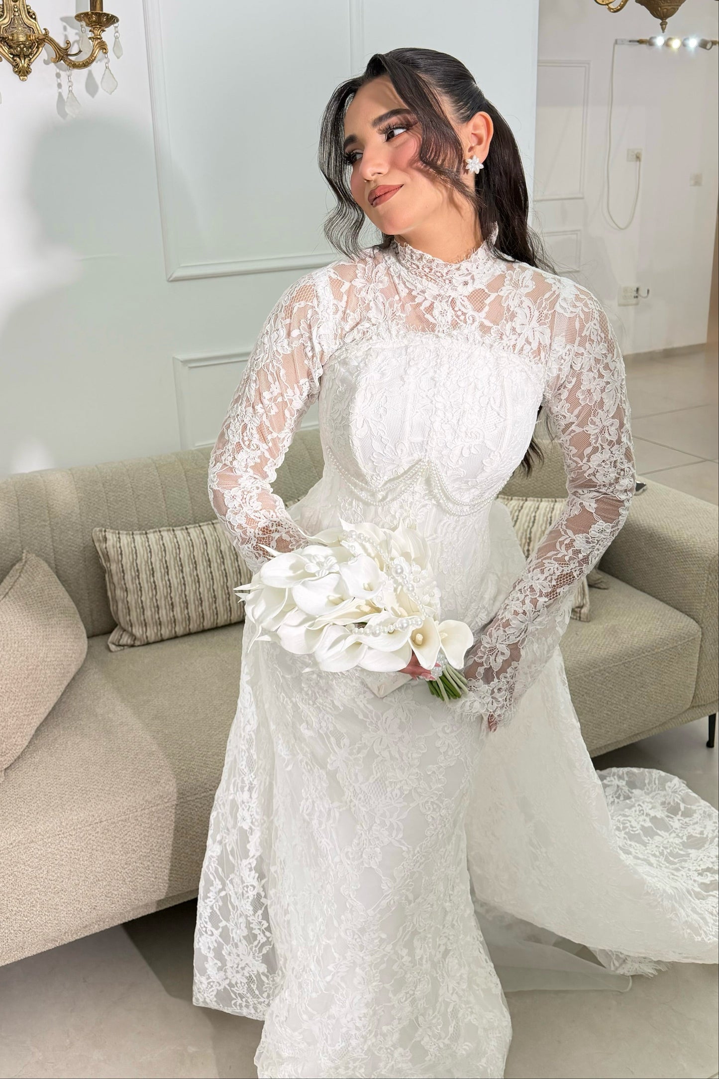 High Neck Lace Mermaid Wedding Dress with Train