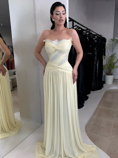 Strapless Lace Corset Pleated Evening Gown