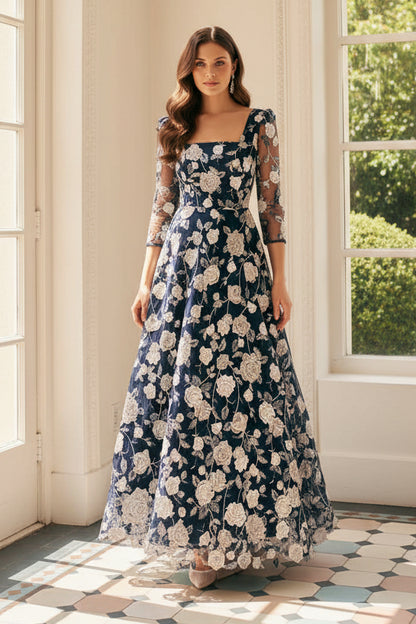 Embroidered Square Neck A-Line Evening Dress