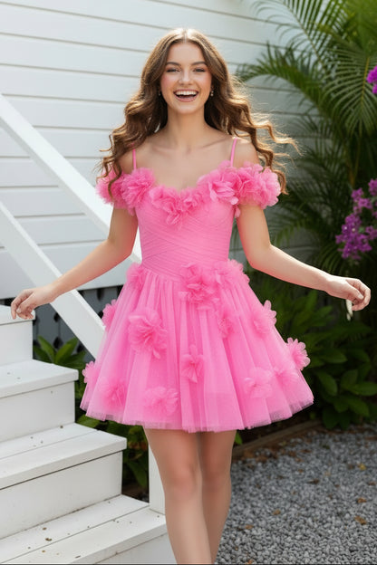 Off-the-Shoulder 3D Floral Tulle A-Line Dress