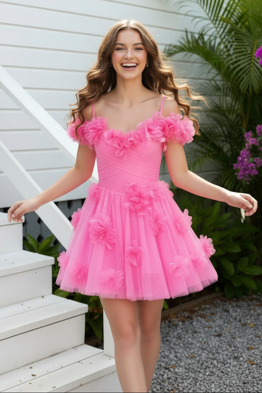 Off-the-Shoulder 3D Floral Tulle A-Line Dress