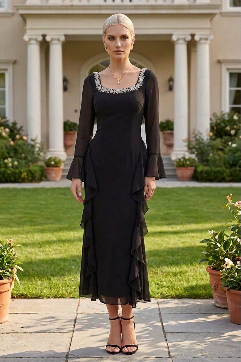 Beaded Square Neck Midi Dress with Side Ruffles