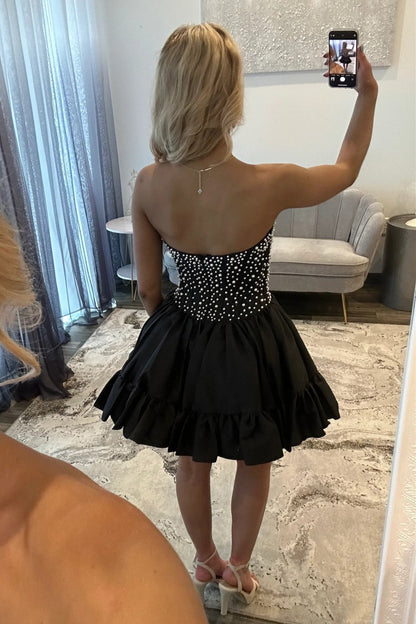 Pearl-Embellished Strapless Corset Mini Dress