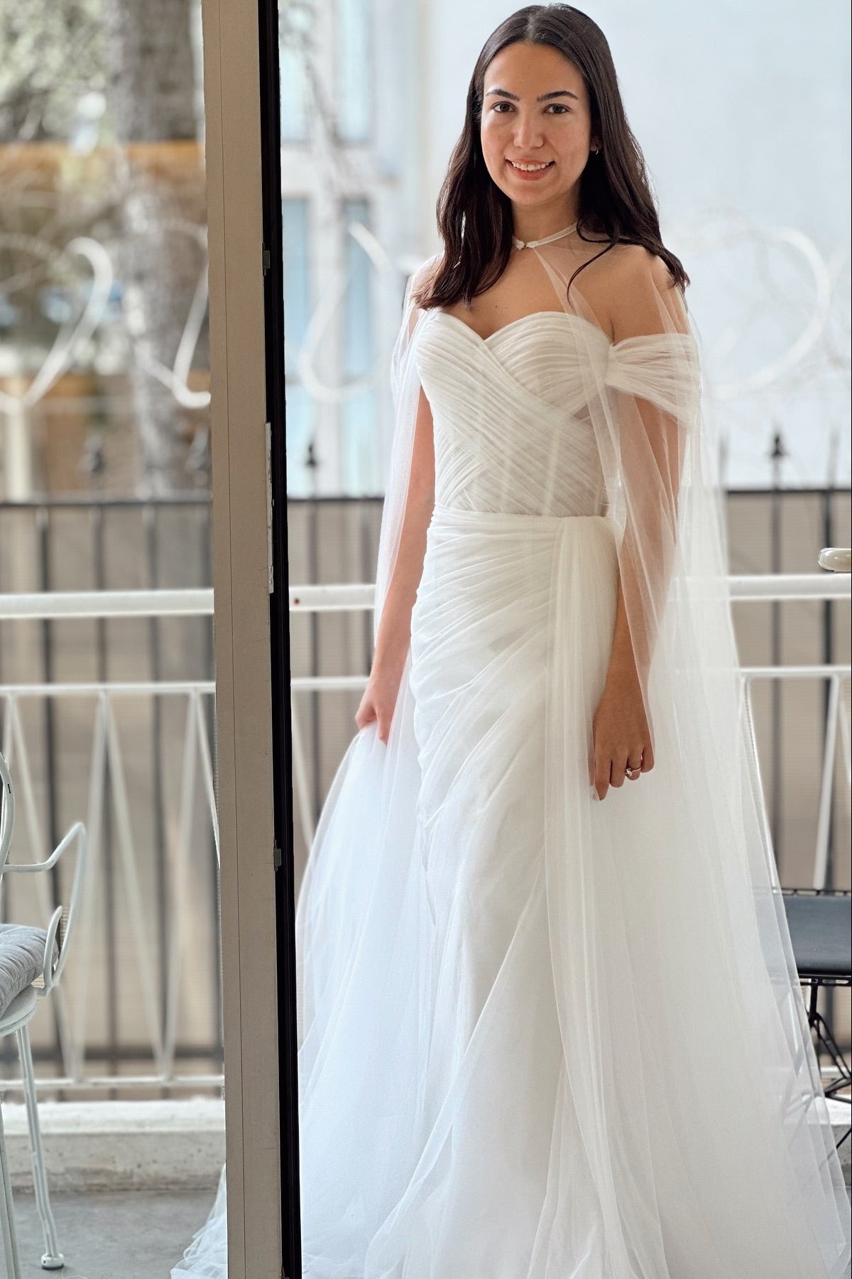 Off-The-Shoulder Tulle Corset Wedding Dress with Cape