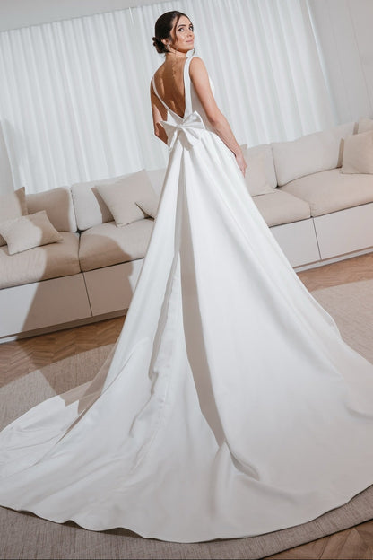 Square Neck A-Line Wedding Dress with Back Bow