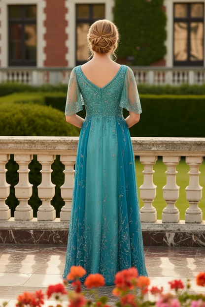 Beaded Floral A-Line Formal Gown with Flutter Sleeves