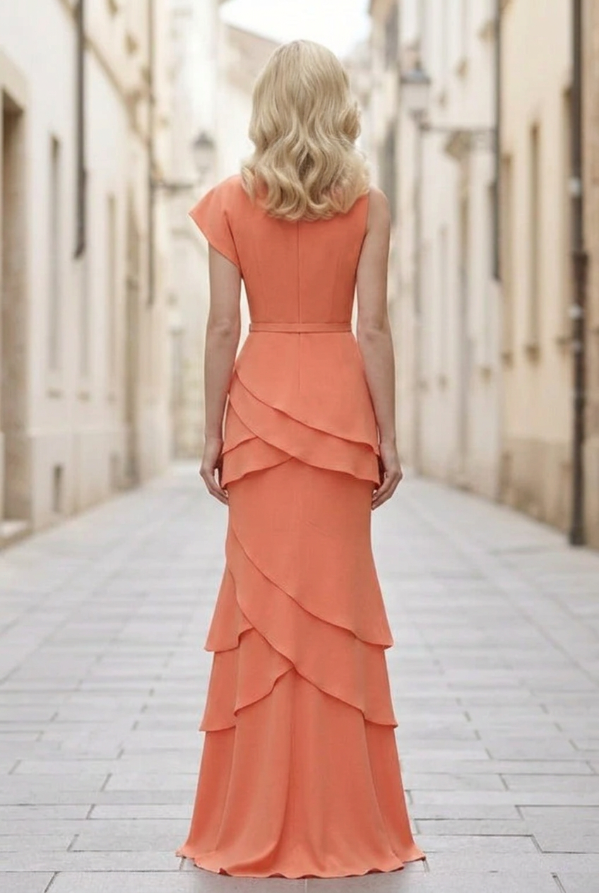Asymmetrical Tiered Evening Gown with Belt