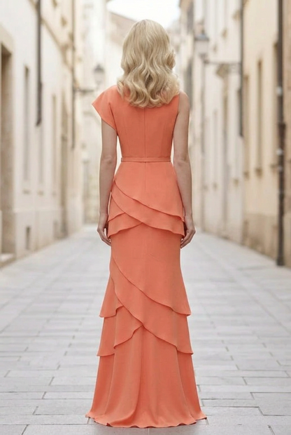 Asymmetrical Tiered Evening Gown with Belt