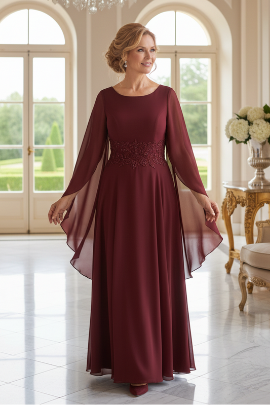 Chiffon Cape Sleeve Gown with Lace Waist Detail