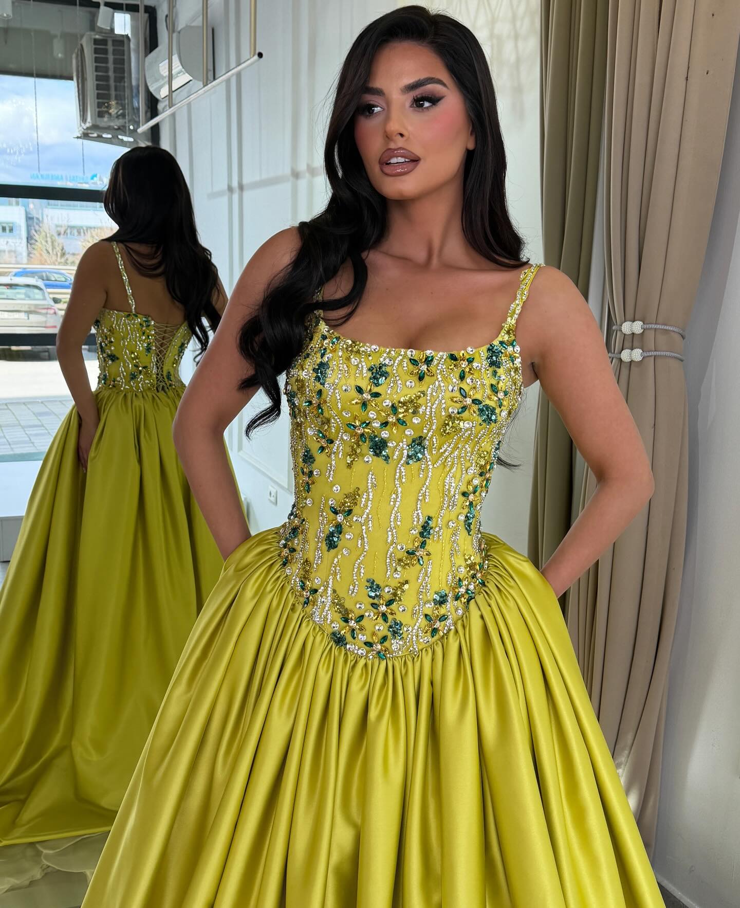Beaded Corset Satin Ball Gown with Pockets