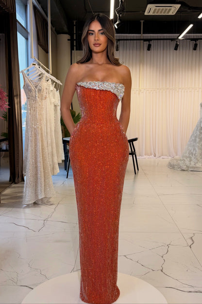 Strapless Beaded Column Gown with Crystal Bust
