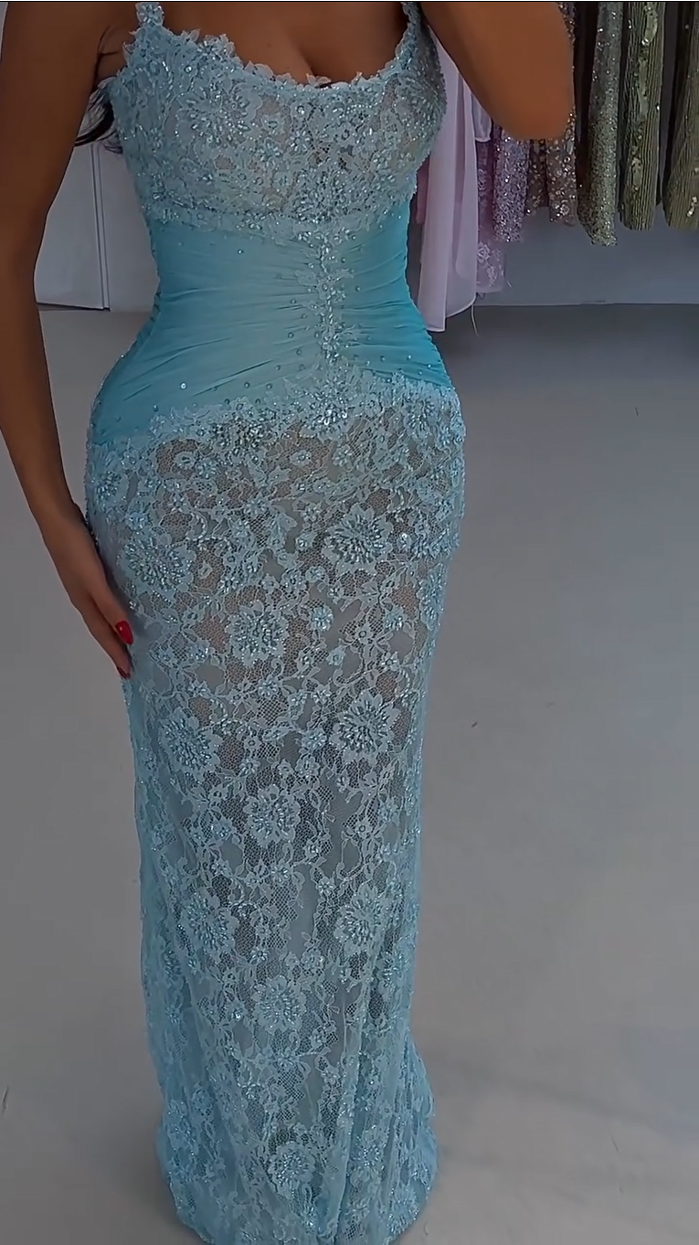 Beaded Lace Evening Gown with Ruched Waist