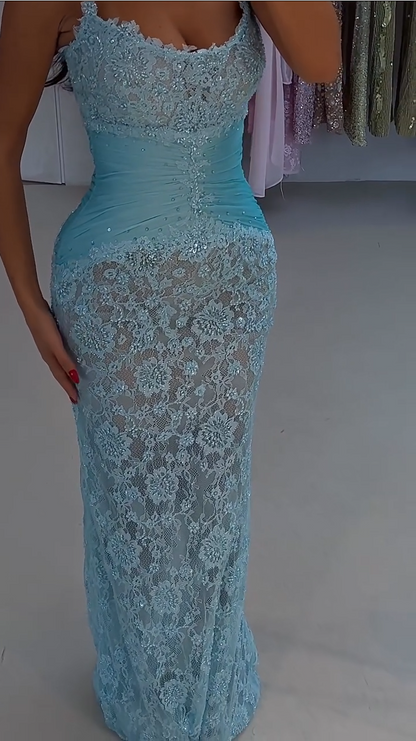 Beaded Lace Evening Gown with Ruched Waist