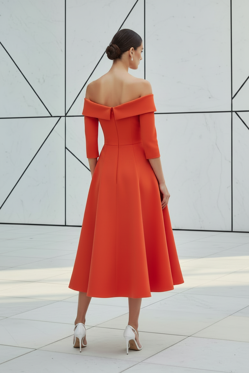 Off-the-Shoulder Tea-Length A-Line Dress