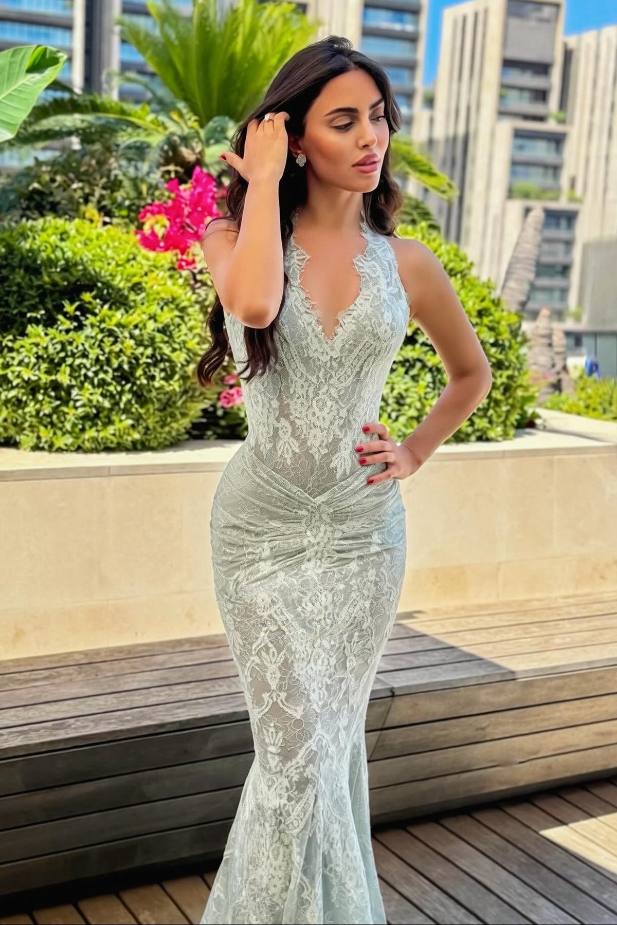 Lace Halter Mermaid Gown with Keyhole Back