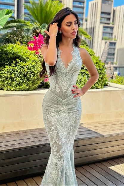 Lace Halter Mermaid Gown with Keyhole Back