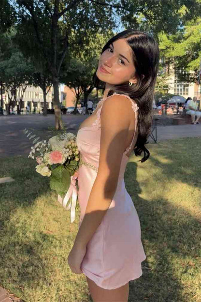 Satin Spaghetti Strap Mini Dress with Floral Details