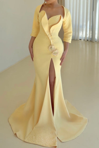 Sculptural Bodice Gown with Slit and 3/4 Sleeves