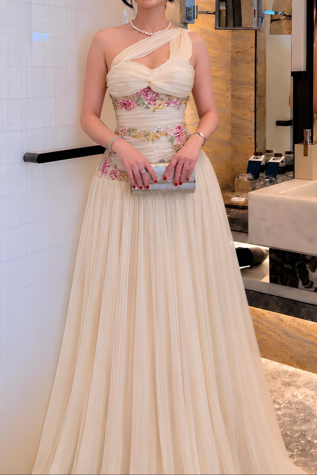 One-Shoulder Pleated Floral Embellished Gown