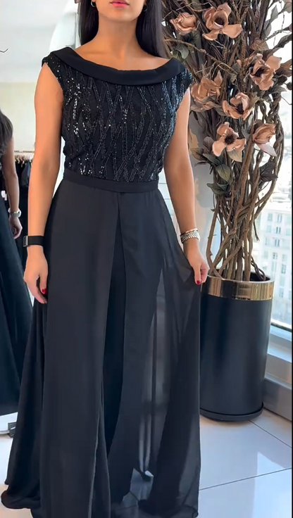 Sequin Bodice Jumpsuit with Chiffon Overskirt