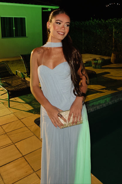 Ruched Sweetheart Gown with Attached Neck Scarf