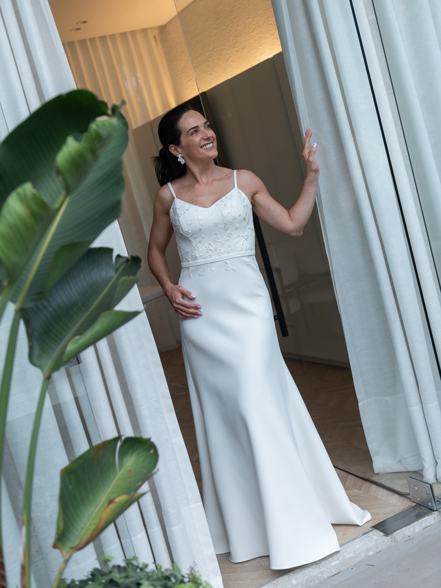 Minimalist Crepe Wedding Dress with Sheer Chiffon Cape