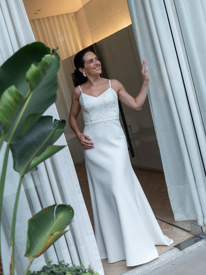 Minimalist Crepe Wedding Dress with Sheer Chiffon Cape