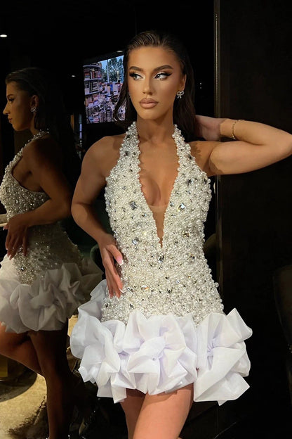 Pearl Beaded Halter Mini Dress with Ruffle Hem