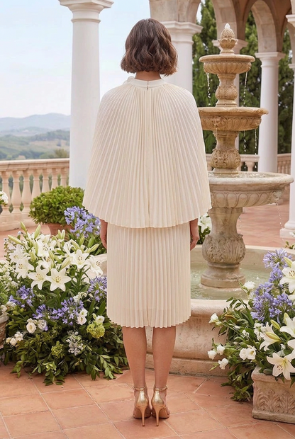 Pleated Cape Midi Dress with Floral Applique