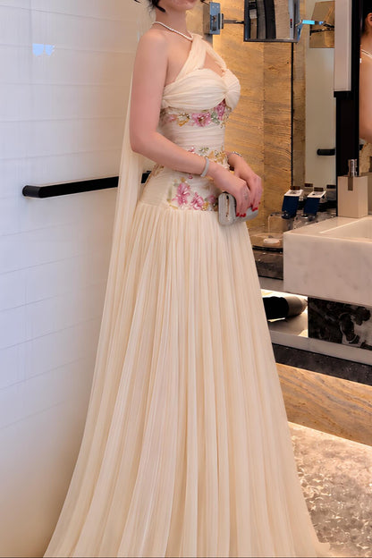 One-Shoulder Pleated Floral Embellished Gown