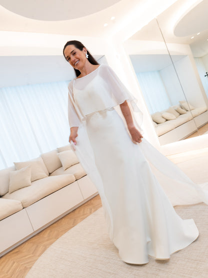 Minimalist Crepe Wedding Dress with Sheer Chiffon Cape