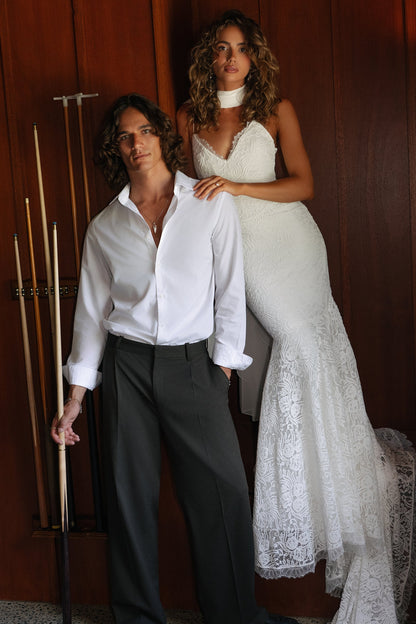 Backless Lace Mermaid Wedding Dress with Court Train