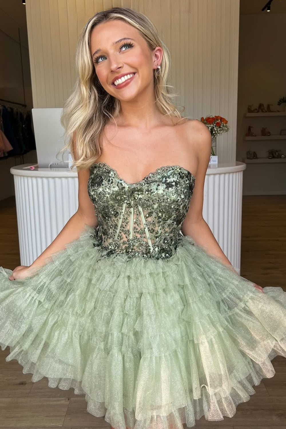 Sequin Corset Tiered Tulle Mini Homecoming Dress