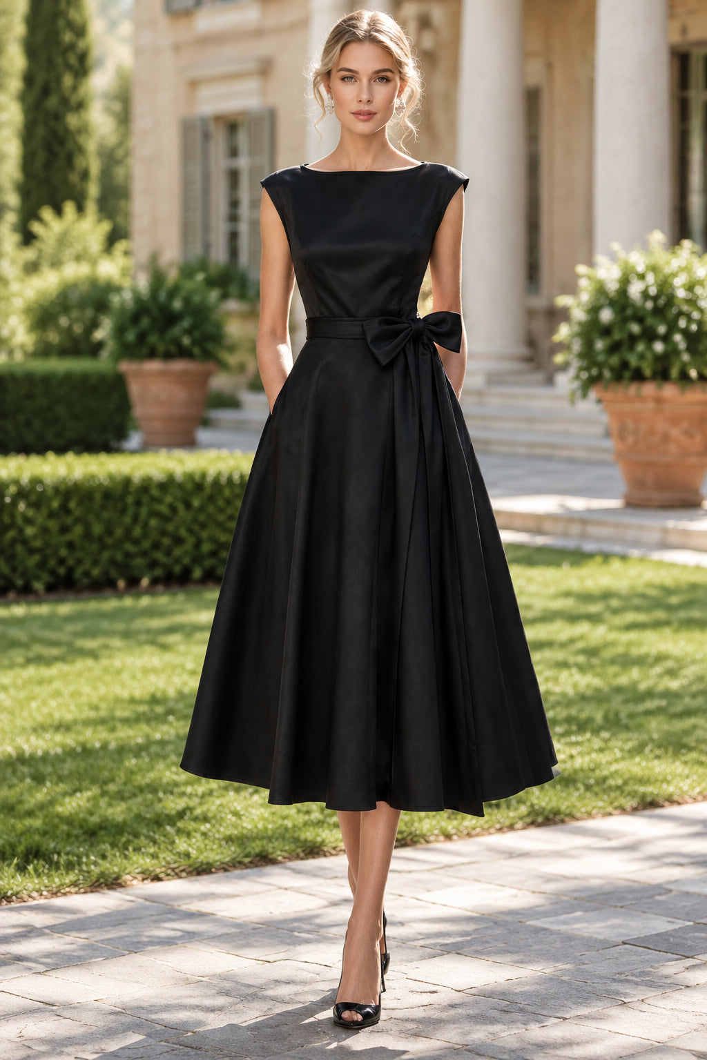 Bateau Neck Midi A-Line Dress with Waist Bow