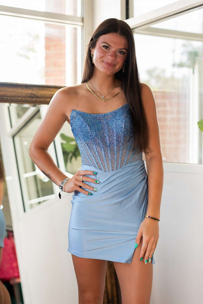 Strapless Beaded Corset Satin Bodycon Mini Dress