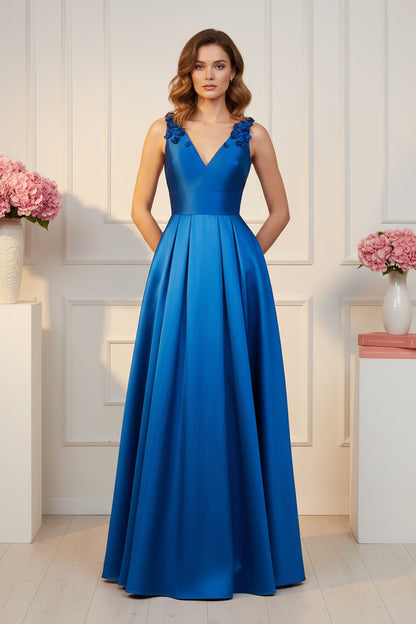 V-Neck A-Line Gown with 3D Floral Straps