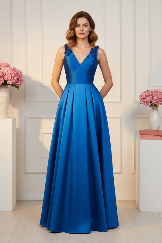 V-Neck A-Line Gown with 3D Floral Straps